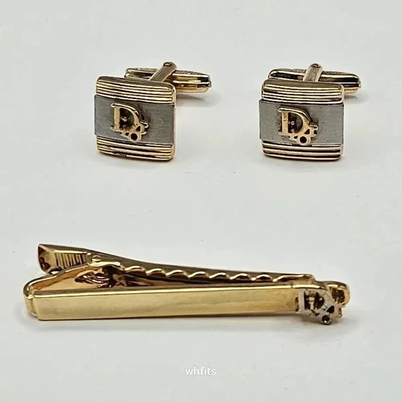 Christian Dior Logo Gold and Silver Tone Cufflinks and Tie Bar Set - Picture 1 of 3